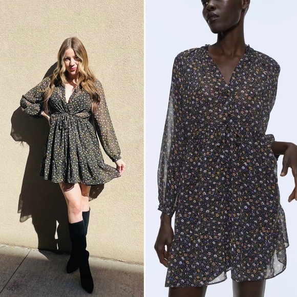 Zara Black Floral Long Sleeve Babydoll Mini Dress - Picture 9 of 10